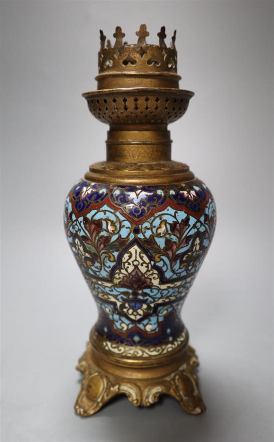 A 19th century French champleve-enamelled oil lamp, with gilt metal mounts, height 19cm